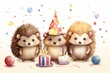 Watercolor illustration of cute hedgehogs with birthday cakes. Greeting card, poster, banner for children