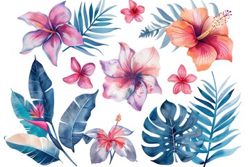 Beautiful collection of tropical flowers and leaves, perfect for nature-themed designs