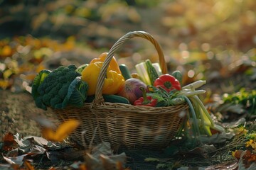 A basket filled with a variety of fresh vegetables, perfect for a healthy lifestyle concept