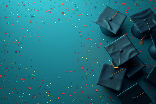 Banner with graduation caps on turquoise background