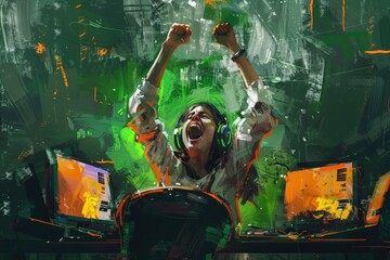 Poster - a man wearing headphones sitting in front of a computer. ideal for technology and music concepts