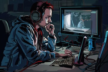 Poster - A man sitting at a desk in front of a computer. Ideal for business and technology concepts
