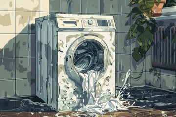 Canvas Print - Water overflowing from a malfunctioning washing machine. Suitable for household maintenance concepts