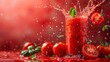 tomato juice splashes in mid-air against a bright red backdrop, portraying a vibrant and energizing drink idea