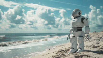 Poster - A robot is walking on the beach next to the ocean, its mechanical legs leaving imprints in the sand under the clear sky.