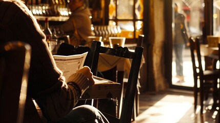 Poster - Solo tourist relaxing in a quaint European cafÃ©, reading a travel guide, close-up, warm ambient lighting 