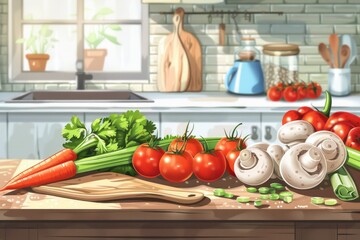 Wall Mural - A variety of colorful vegetables displayed on a rustic wooden table. Perfect for food and nutrition concepts