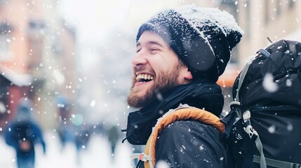 Poster - Backpacker experiencing first snowfall in a city, close-up on joyful expression, blurred snowy background