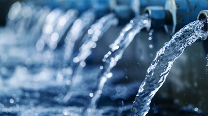 A detailed view of a water faucet with clear water flowing out of it, showing the mechanism in operation.