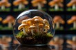 Beautiful miniature garden with glass ornaments encasing small glowing mushrooms and exquisite fairy figurinesShellfish in a glass sphere. Microenvironment, Microecology


