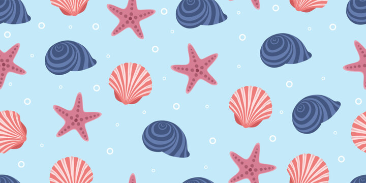 Seamless pattern with seashell of snail, scallop and Marine starfish. Marine undersea mollusc, clam of fan shape. Marine underwater swirled sea shell. Sea star fish, mollusc. Repeating texture. Vector