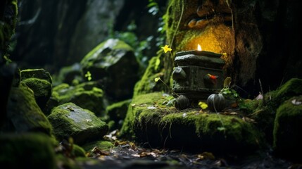 Wall Mural - hidden cave shrine for Pan with moss-covered stones torches and music