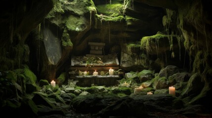 Canvas Print - cave shrine for Pan with moss-covered stones flickering torches and music