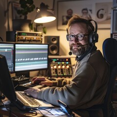 Poster - a man sitting at a desk in front of a computer. suitable for business and technology concepts