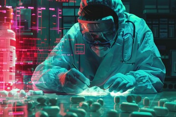 Poster - A man in a lab coat and goggles working on a machine. Suitable for science and technology concepts