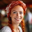 Smiling woman with red hair, freckles and braids