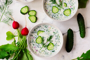 Wall Mural - okroshka, a traditional Russian cold soup.yop veiw