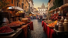 Roman Street Vendors Display Exotic Goods From Distant Lands