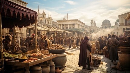 Wall Mural - Roman market square bustling trade fair merchants offering exotic goods