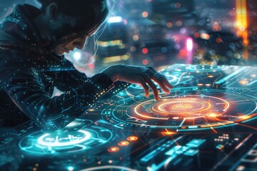 A woman in a hoodie using a high-tech computer. Suitable for technology concepts