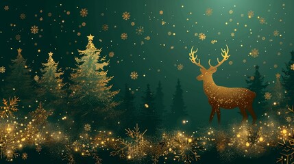 Wall Mural - The modern design of a luxury christmas invite features a Christmas tree, wreath, reindeer, and snowflakes on a green background. The illustration is suitable for cover, greeting, print, poster, and