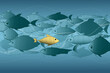 Motivation society poster with fish, move against the crowd, to be different, unique personality or standing out from the crowd, leadership quality.