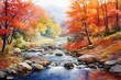 Colorful fall landscape, river in the forest, watercolor illustration.