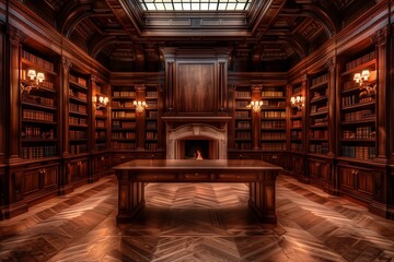 Imposing mansion library with floor-to-ceiling bookshelves, a grand fireplace, and a large wooden desk that serves as the centerpiece.