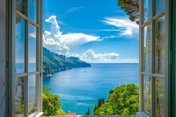 scenic open window view of the mediterranean sea from a room, wanderlust, traveling, traveler