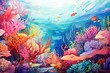 A colorful underwater life scene with colorful coral reefs and weeds