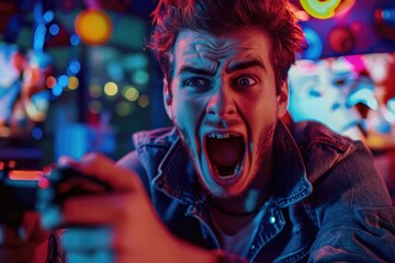 Poster - A man looking excited while holding a video game controller. Perfect for gaming enthusiasts