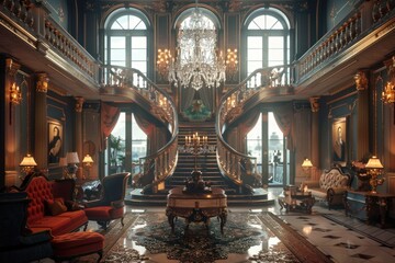 Poster - A luxurious grand foyer with a stunning chandelier and a grand piano. Perfect for interior design concepts