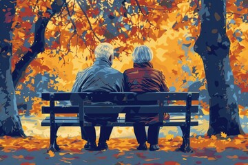 Poster - A painting of two people sitting on a bench. Suitable for various design projects