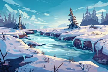 Poster - A tranquil river flowing through a snowy forest. Perfect for winter-themed designs