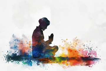 Wall Mural - A man sitting on the ground in prayer pose. Suitable for religious and meditation concepts