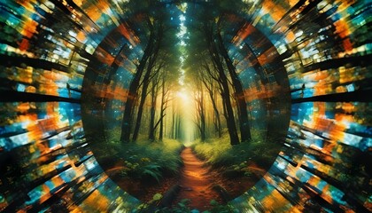 Wall Mural - a dark pathway with trees in the background and a bright sun shining through the trees