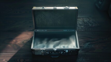 Poster - A picture of an open suitcase on a wooden floor. Suitable for travel blogs or luggage advertisements