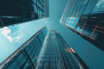 Poster - A group of tall buildings against a clear blue sky. Suitable for various business and urban concepts