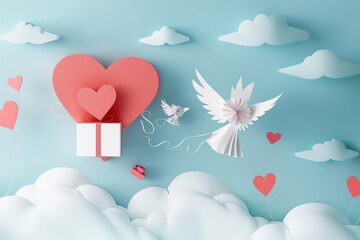 Aufkleber - Paper cut of a heart shaped box with wings and a ladybug in the sky. Ideal for romantic and whimsical designs