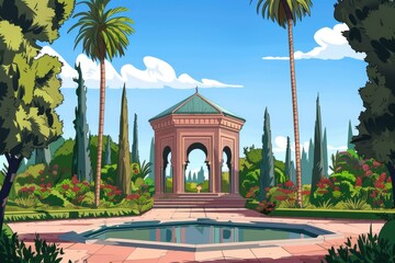 Poster - A gazebo surrounded by palm trees and flowers, perfect for tropical themed designs