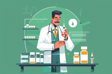 Poster - A man in a lab coat holding a syringe. Suitable for medical and science concepts