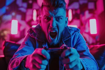 Poster - A man with his mouth open playing a video game. Ideal for gaming concept