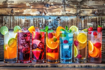 Poster - Row of glasses filled with different types of drinks. Ideal for beverage industry promotions