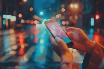 Poster - A person holding a smartphone on a bustling city street. Great for technology and urban lifestyle concepts