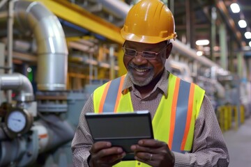 Poster - A man in a hard hat holding a tablet. Suitable for construction industry projects
