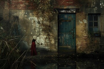 Poster - Woman in red dress standing in front of a building, suitable for fashion or urban lifestyle concepts