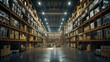 © PixelStock - A wideangle view of an industrial warehouse with rows and rows of pallets filled with boxes