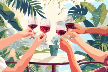 Poster - A group of people celebrating with wine glasses. Suitable for social events and celebrations