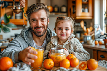 A man and a little girl are sitting at a table with a glass of orange juice in f