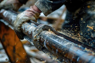 Poster - A man using a hammer to work on a pipe. Suitable for industrial concepts